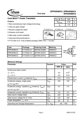 Spp N C Datasheet Pdf Infineon Technologies Cool Mos Power