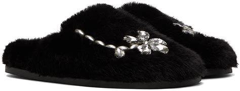 Simone Rocha Black Embellished Furry Slippers Simone Rocha