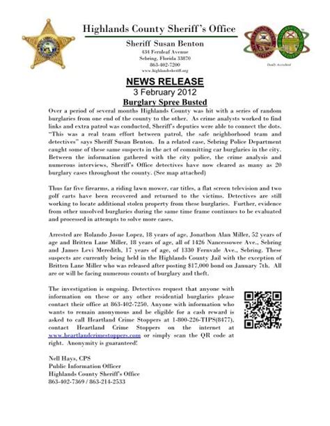 Burglary Spree Busted - Highlands County Sheriff's Office