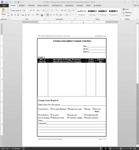 ISO22000 FSMS Document Change Control Template Word