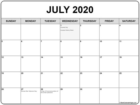 Collection of July 2020 calendars with holidays