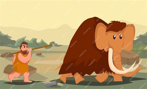 Premium Vector | Caveman hunting mammoth