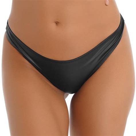Iixpin Femme String Sexy Cuir PU Slip Taille Basse Tanga Wetlook Lingerie Coquine Hot Panties S