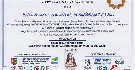 Dyplom Za Udzia W Akcji Przerwa Na Czytanie Dla Naszej Biblioteki