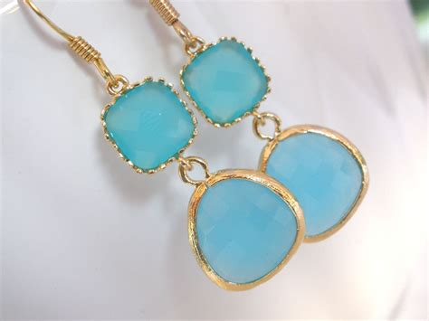 Blue Earrings Aqua Blue Earrings Gold Earrings Mint Earrings Turquoise Bridesmaid Earrings