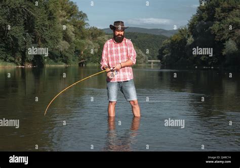 Man Fisherman Catches A Fish Fly Fishing Brown Trout Being Caught In