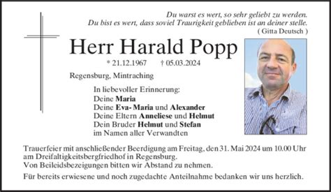 Traueranzeigen Von Harald Popp Mittelbayerische Trauer