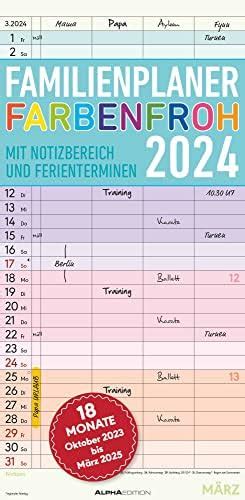 Familienplaner Farbenfroh mit 4 Spalten für 18 Monate 2024 Familien