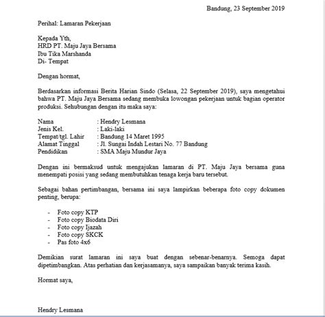 10 Contoh Surat Lamaran Kerja Di PT Sebagai Karyawan