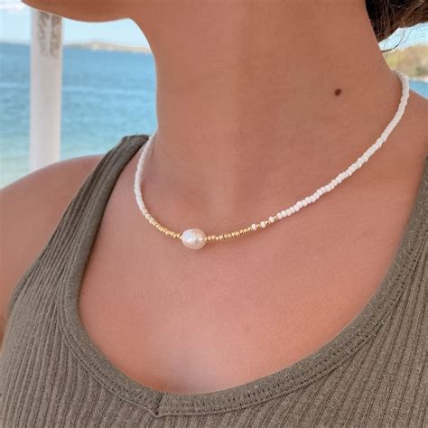 Beaded Choker Freshwater Pearl Seed Bead Necklace Summer Etsy