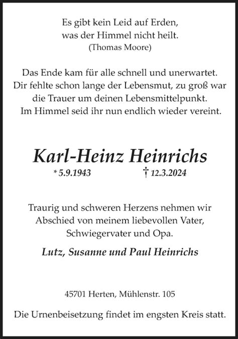 Traueranzeigen Von Karl Heinz Heinrichs Sich Erinnern De