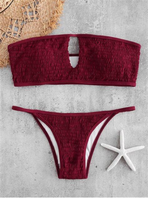 [10 Off] 2021 Keyhole Smocked Bandeau Bikini Set In Red Wine Zaful