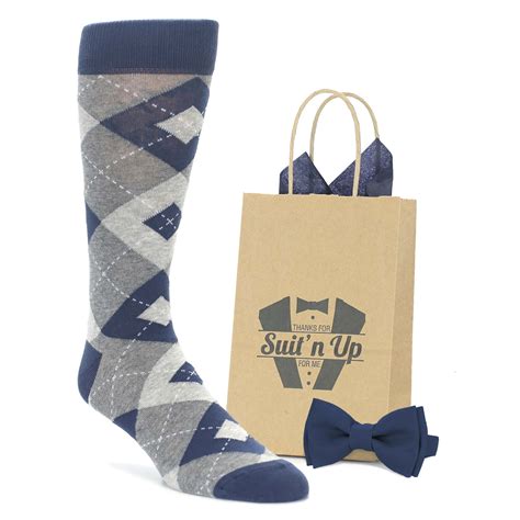 Navy Gray Argyle Wedding Groomsmen Mens Dress Socks With Navy Bow Tie