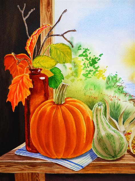 Fall Leaves Pumpkin Gourd Painting by Irina Sztukowski