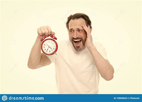 Hate Being Late Man Hold Alarm Clock In Hand Guy Bearded Mature Man