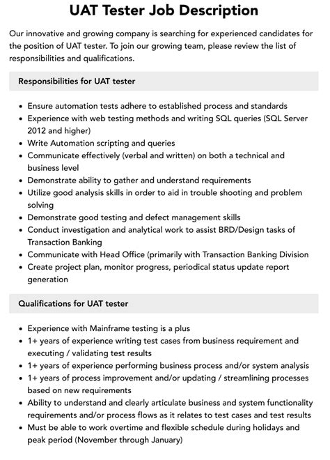 Uat Tester Job Description Velvet Jobs