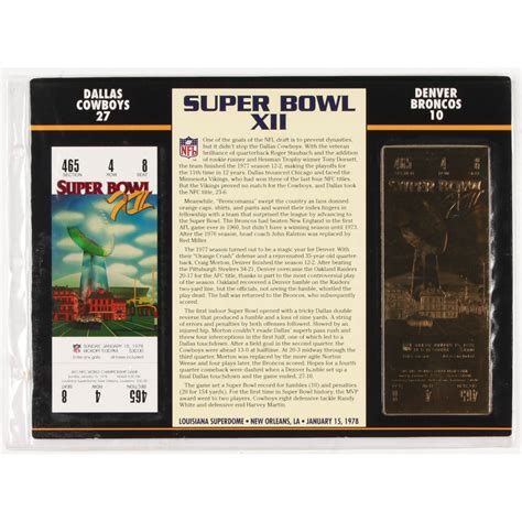 Commemorative Super Bowl Xii Scorecard With Kt Gold Ticket Pristine