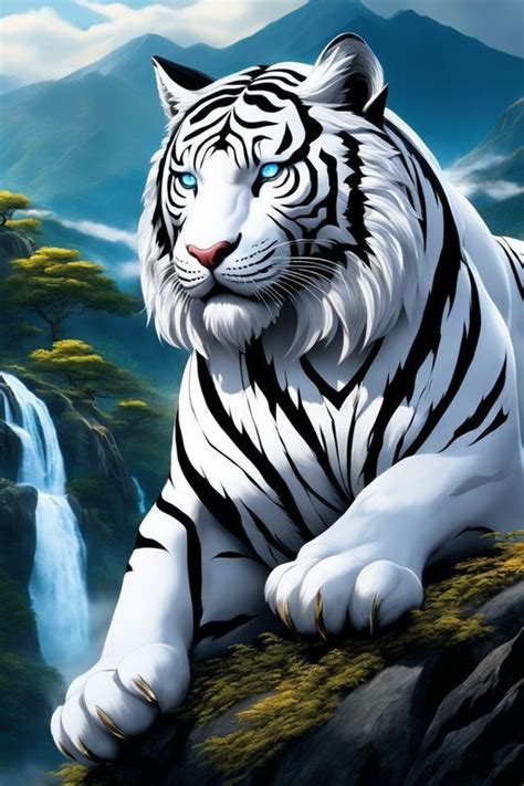 A White Tiger With Blue Eyes Sitting On Top Of A Rock Next To A Waterfall