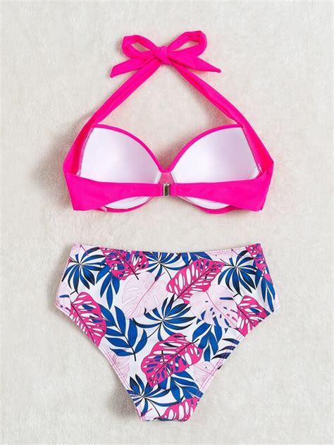 Shein Swim Vcay Tropical Print Bikini Set Twist Push Up Halter Bra