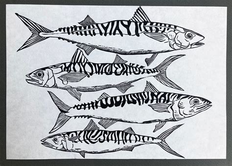 Mackerel Fish Aquatic Ocean Sea Handprinted Linocut Print Black And