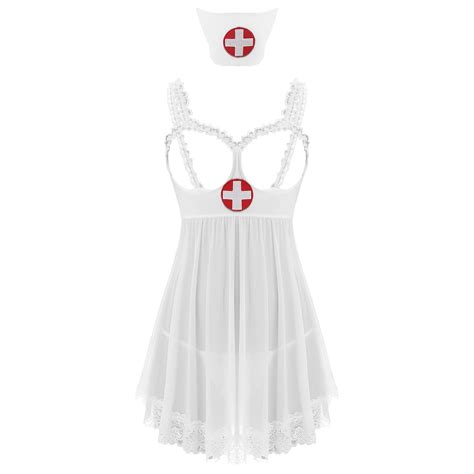 Womens Naughty Nurse Lingerie Cosplay Costume Cutout Cups Lace Trim Dress Thong And Headband