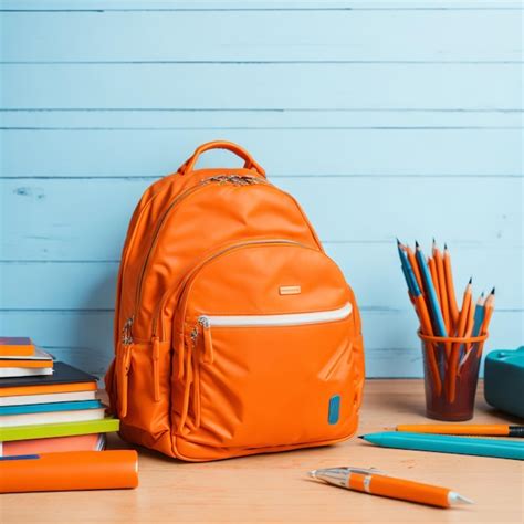 Mochila Laranja Escura Material Escolar Na Mesa Conceito De Volta