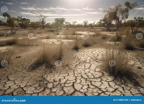 Drought Stricken Landscape With Cracked Earth And Dried Vegetation