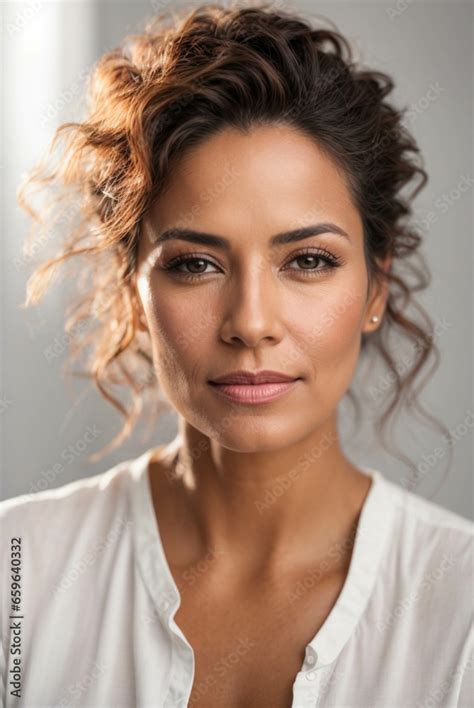 Beautiful Mature Latin Woman On White Background With Long Hair And A