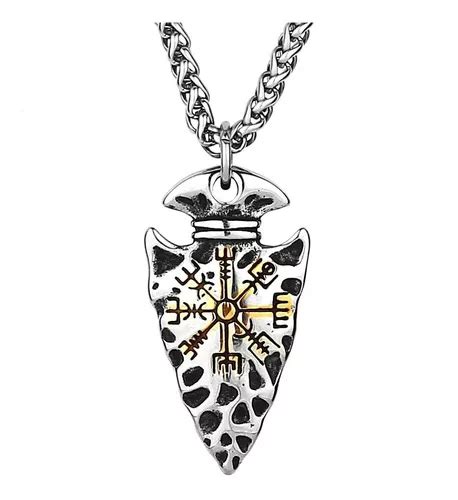 Collar Dije Vegvisir Lanza Vikingo Acero Color Plata Hombre