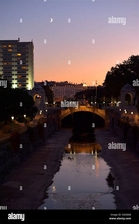 Crescent Moon Above The Vienna City Park With The Wienfluss Canal