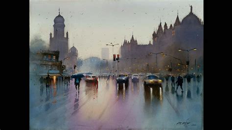 Watercolour Landscape Painting Rainy Cityscape Mumbai After Rain