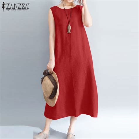 Zanzea Women Vintage Sleeveless Cotton Linen Dress Loose Beach Casual O