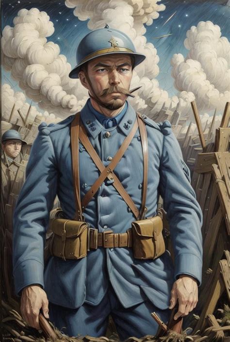 Painting Of A Ww1 French Soldier Holding His Rifle In A Trench Images