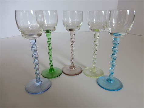 Vintage Cordial Liqueur Glasses W Colored Twisted Stems ~ Set Of 5 From