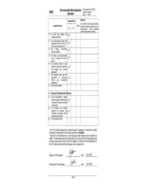 Environmental Site Inspection Checklist Sample Free Download