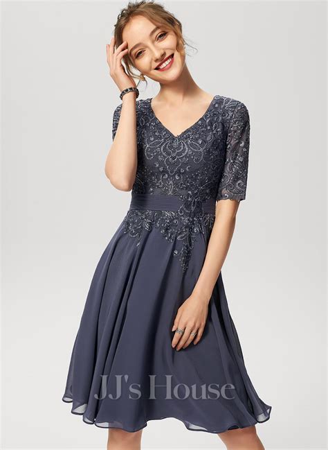 A Line V Neck Knee Length Chiffon Lace Cocktail Dress With Sequins 426282205 Jjs House