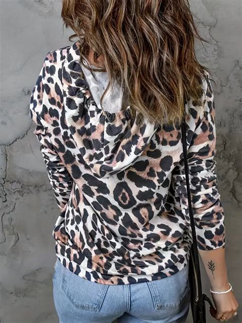 Leopard Print Kangaroo Pocket Hoodie Button Decor Long Temu United