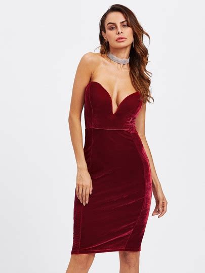 Plunging V Neckline Strapless Velvet Dress Shein Sheinside