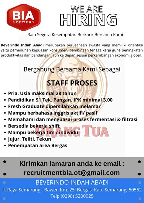 Lowongan Kerja Oktober 2023 Beverindo Indah Abadi Staff Process SCU