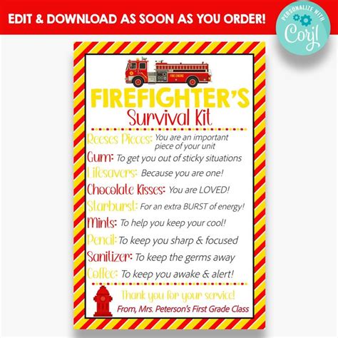 EDITABLE Firefighter S Survival Kit Tag Fireman Gift Idea Firefighter