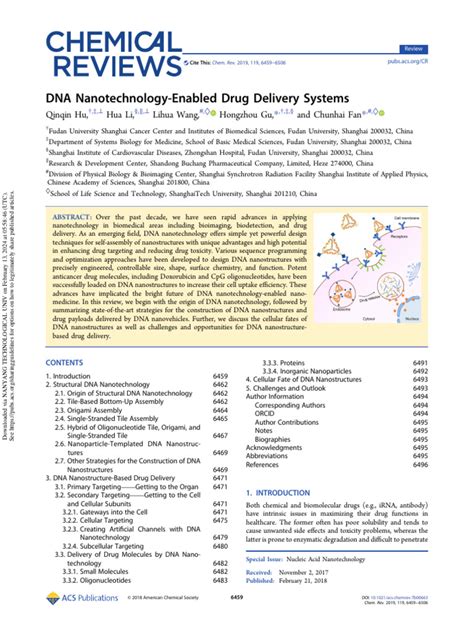 Hu Et Al 2018 Dna Nanotechnology Enabled Drug Delivery Systems