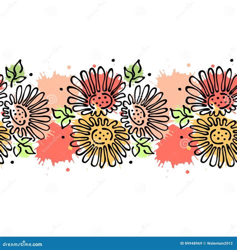 Seamless Vector Hand Drawn Floral Pattern, Endless Border Colorful ...