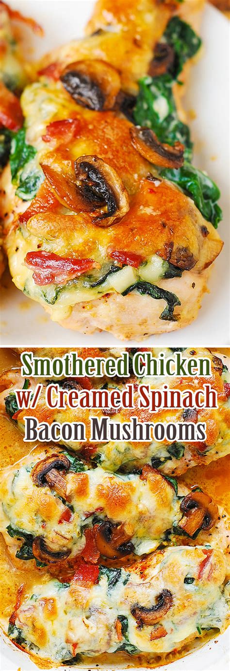 Smothered Chicken With Creamed Spinach Bacon Mushrooms