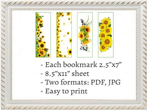 Sunflower Bookmark Set Printable Bookmark Template Floral Book Etsy