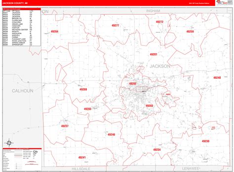 Jackson County, MI Zip Code Wall Map Red Line Style by MarketMAPS