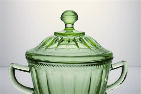 Sugar Bowl Federal Glass Colonial Fluted Green Vaseline Glass