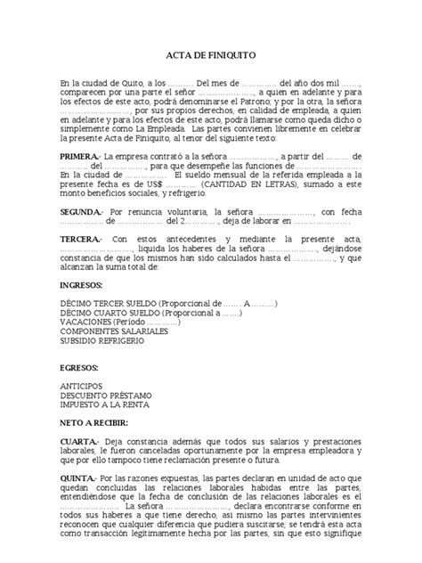 Acta De Finiquito Pdf Relaciones Laborales Gobierno