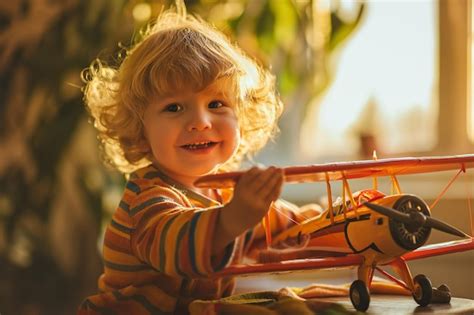 Niño feliz jugando con un avión de juguete Foto Premium