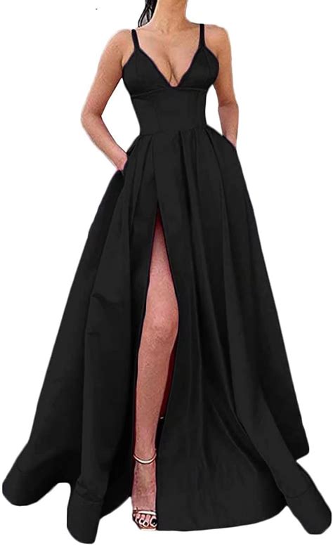 Buy Xswpl Sexy Plunging V Neck Prom Dress With Pocket Slit Long Satin Formal Evening Gown A Line