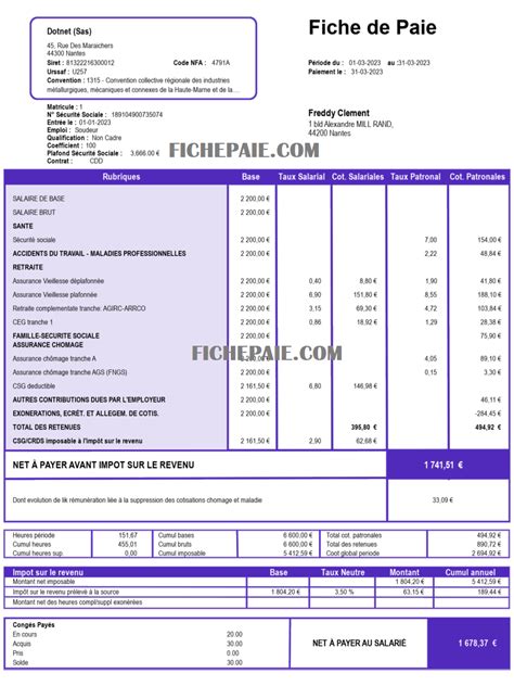 Exemple de fiche de paie Générateur de fiches de paie en ligne